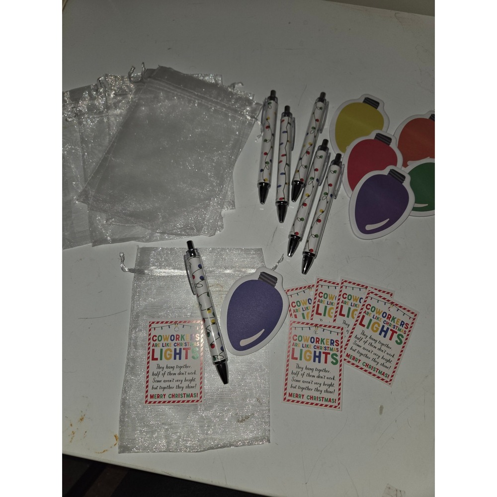 6 Pack Coworker Christmas Gift Set Pens Sticky Notes Tags Organza Bags Holiday